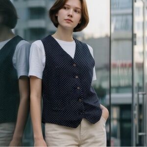 Vintage Liz Claiborne Navy Polka Dot Vest Sleeveless Blouse SZ 8 Preppy